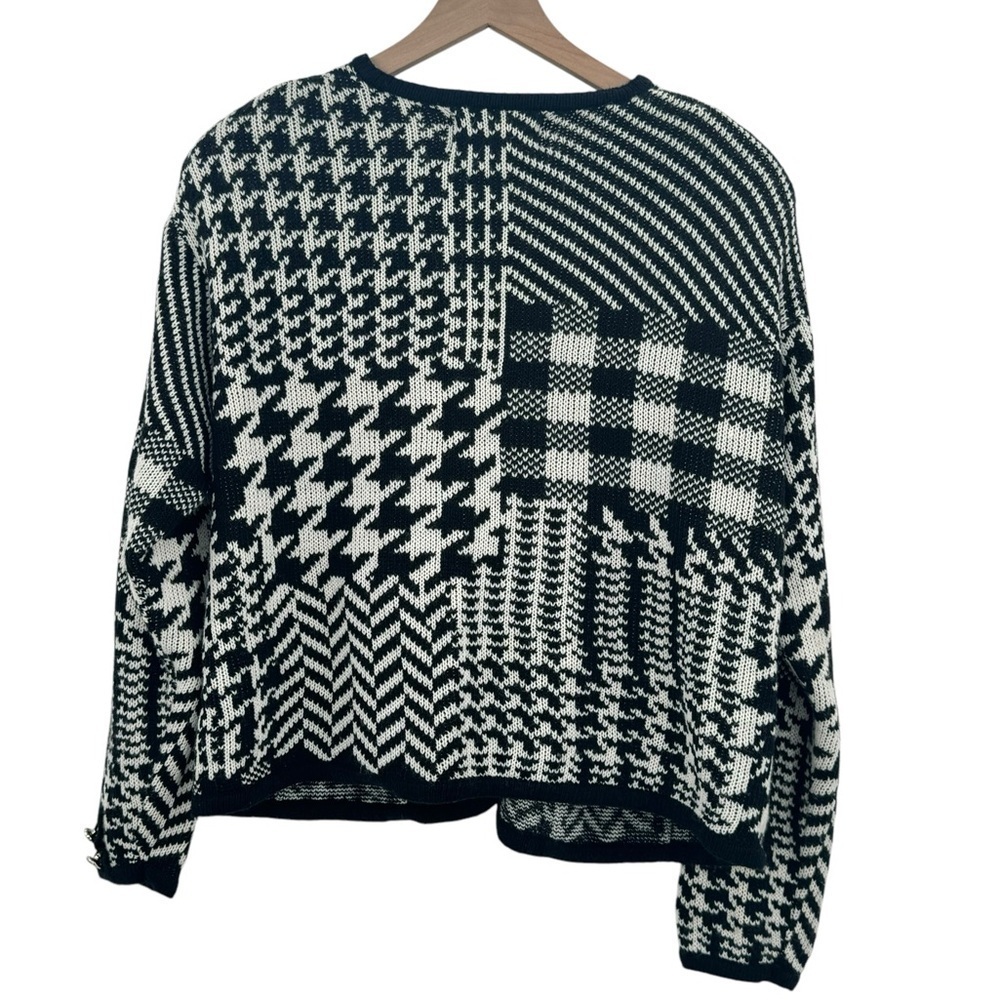 Vintage Tally Ho Boxy Cardigan Sweater Black White Houndstooth Chevron Buttons M - Picture 2 of 7